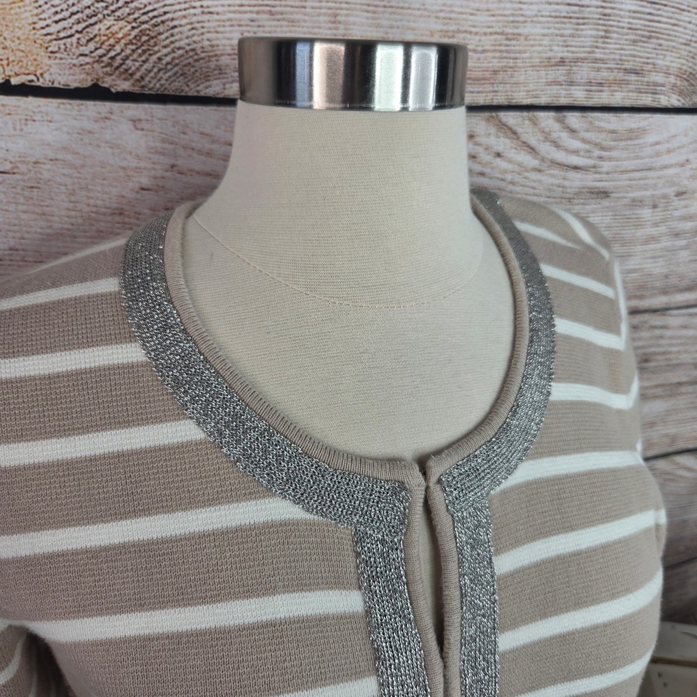 Banana Republic Petite M Tan White Striped Cardigan Metallic Trim 3/4 Sleeve - Picture 2 of 7
